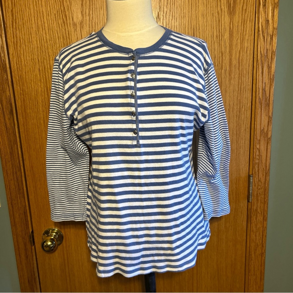 Chaps Striped Shirt Women's Large Henley‎ Top  Shirt 3/4 Sleeve Blue White